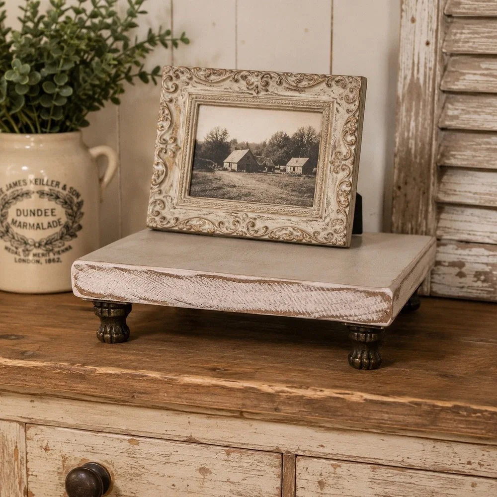 Handmade Wood Riser 7x7 Distressed White Farmhouse Pedestal Stand Metal Feet